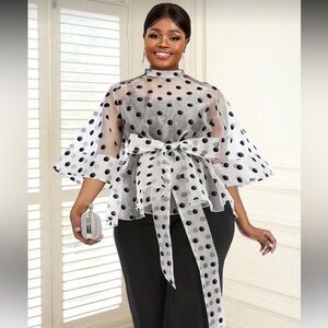 Elegant Sheer Polka Dot Blouse with Bow